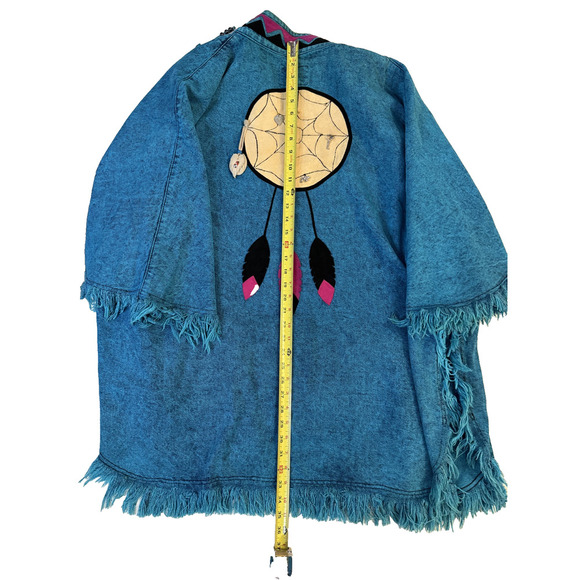 Vintage 90s Aztec Jacket Womens LG Denim Western Fringed Dreamcatcher Poncho - Picture 7 of 7